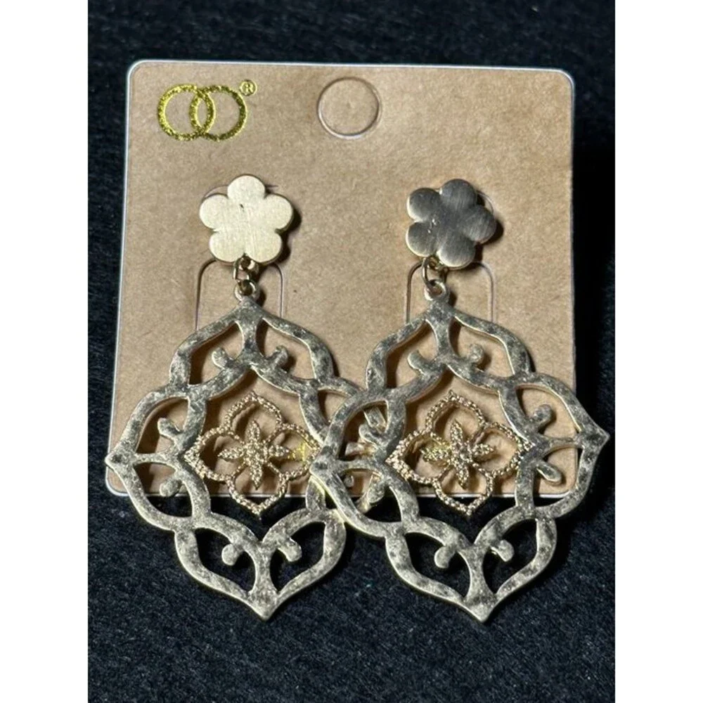 Gold Tone Moroccan Filigree Dangle Earrings Boho Statement Flower Style New